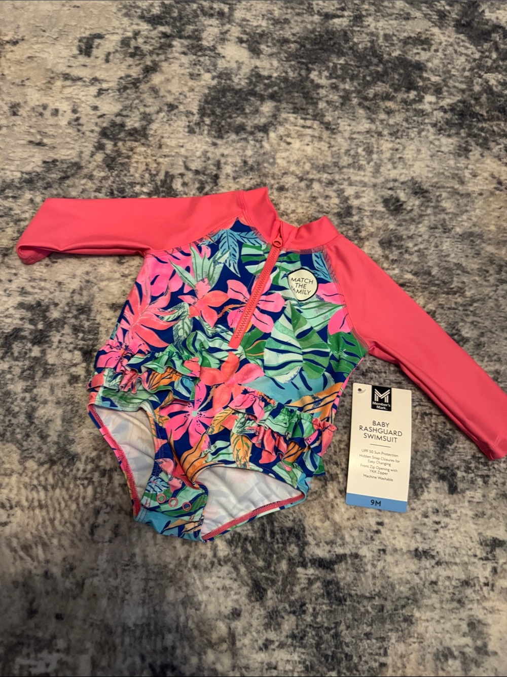 Members mark Baby Long-Sleeve Pink Tropical Rashguard Swimsuit